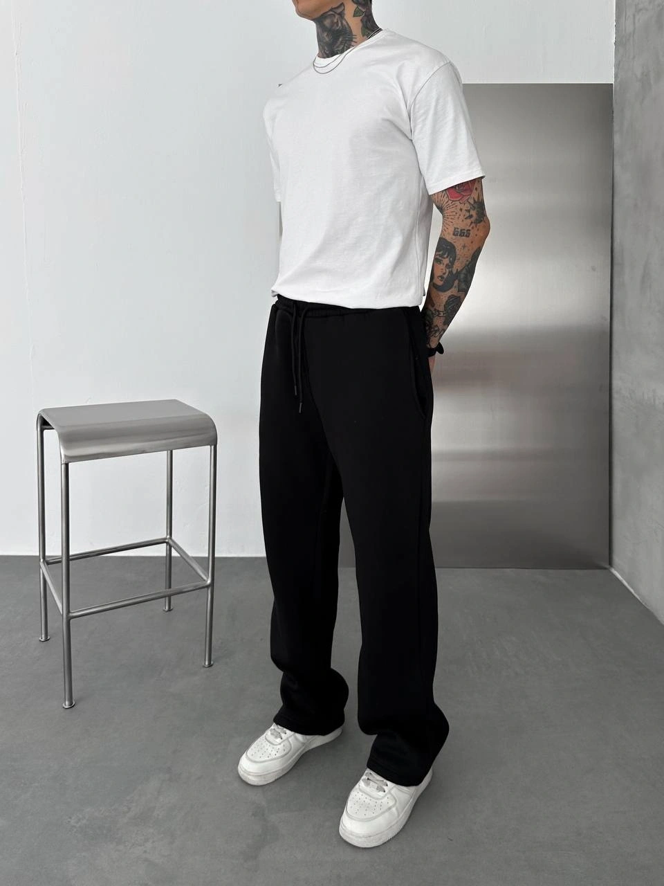 Basic Şardonlu Unisex Baggy Eşofman-Siyah