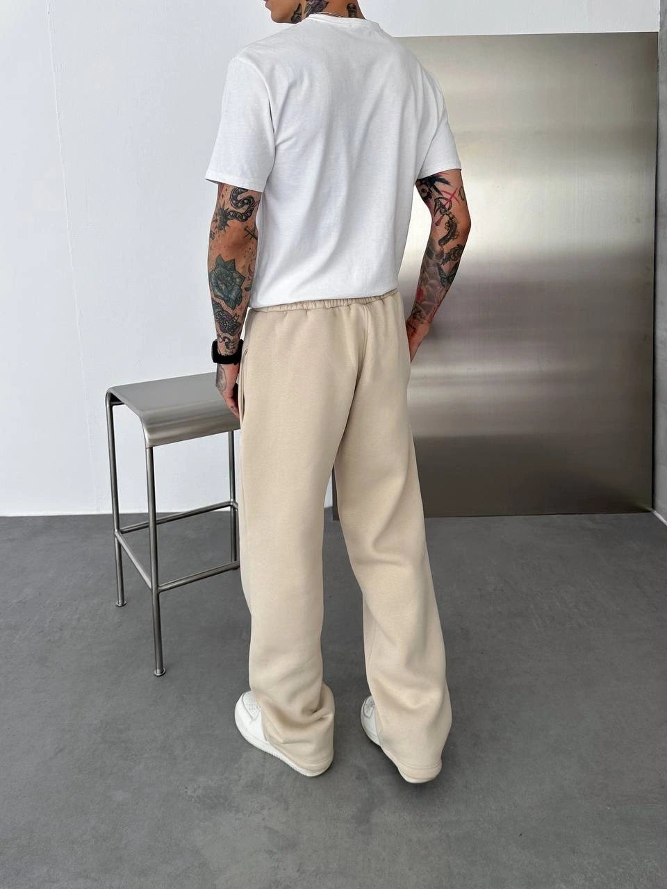 Basic Şardonlu Unisex Baggy Eşofman-Krem