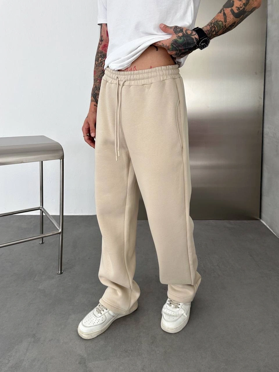 Basic Şardonlu Unisex Baggy Eşofman-Krem