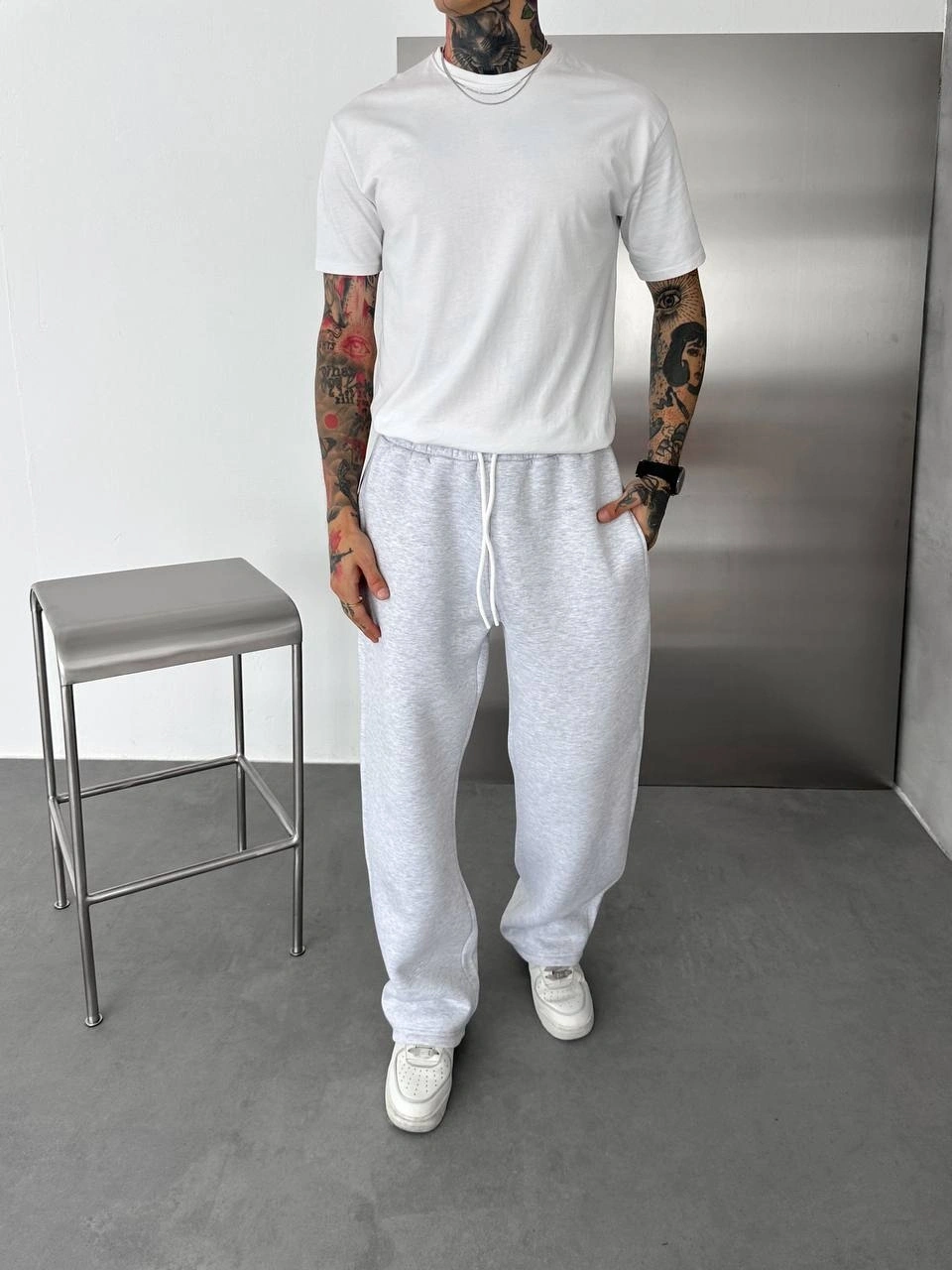 Basic Şardonlu Unisex Baggy Eşofman-Gri