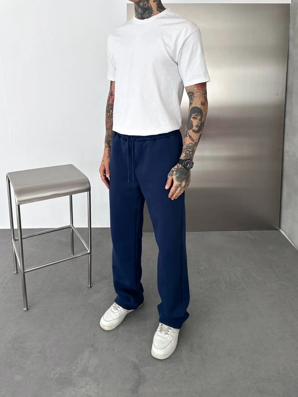 Basic Şardonlu Unisex Baggy Eşofman-Lacivert