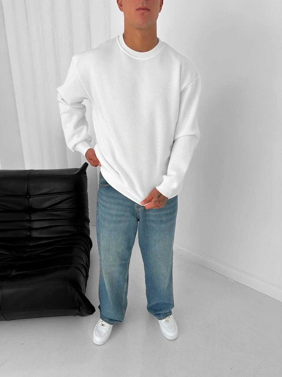 Basic Şardonlu Unisex Sweatshirt-Beyaz