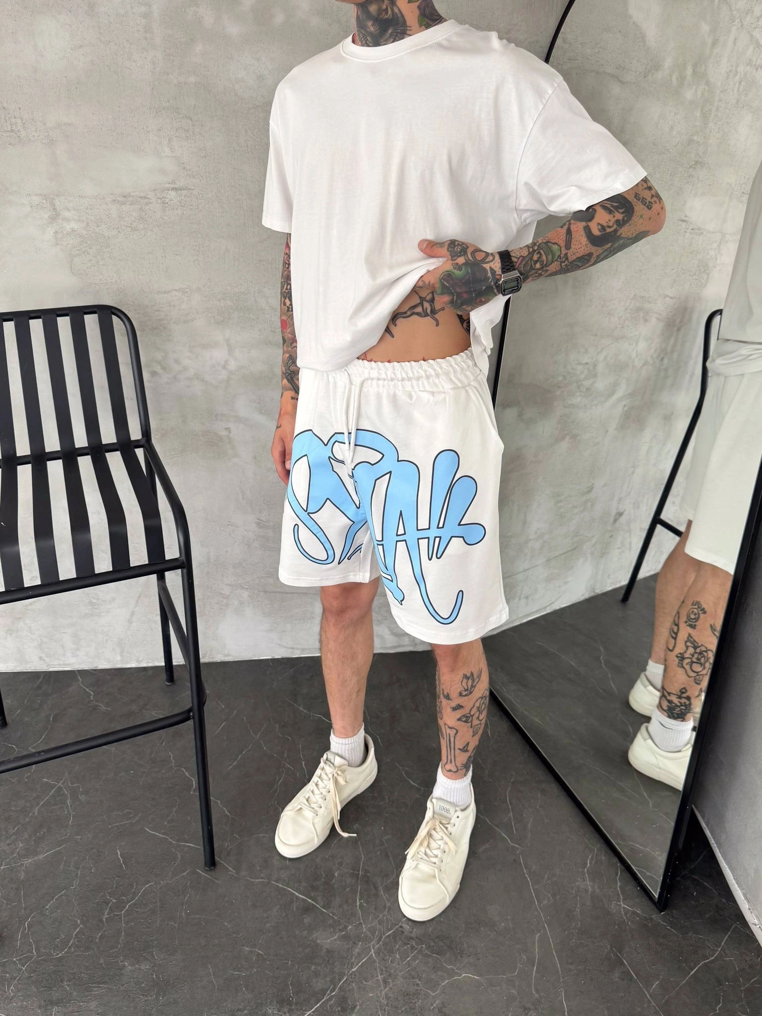 Baskılı Unisex Şort- Beyaz