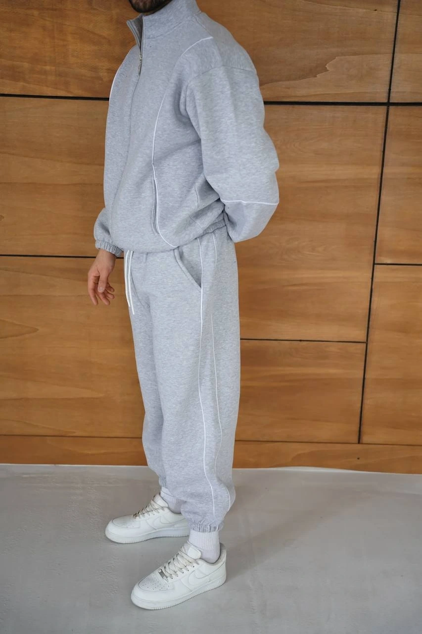 Biyeli Paça Lastik Şardonlu Eşofman Takımı-Gri