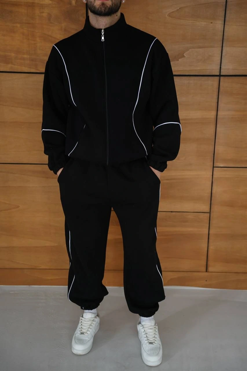 Biyeli Paça Lastik Şardonlu Eşofman Takımı-Siyah