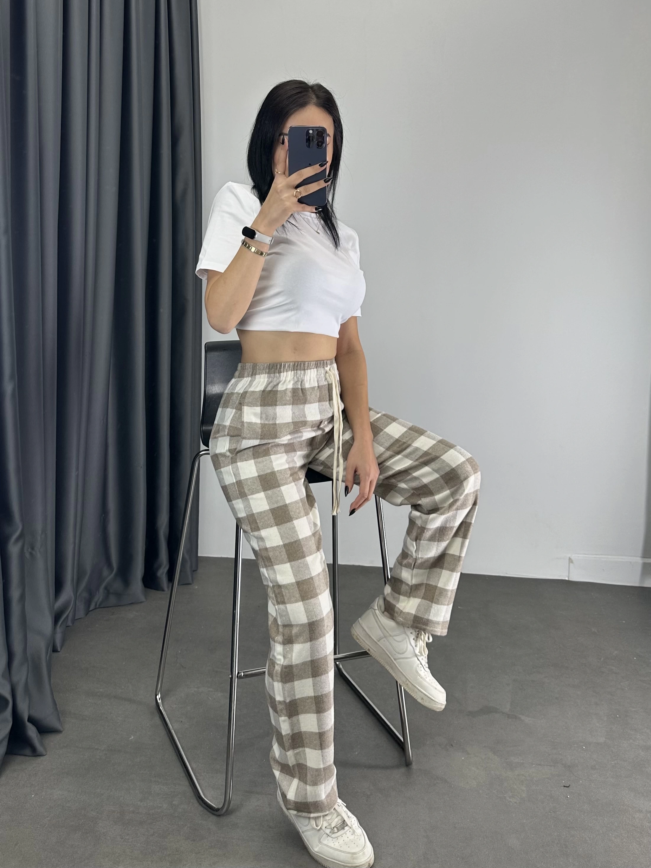 Ekose Desen Unisex Baggy Eşofman - Bej