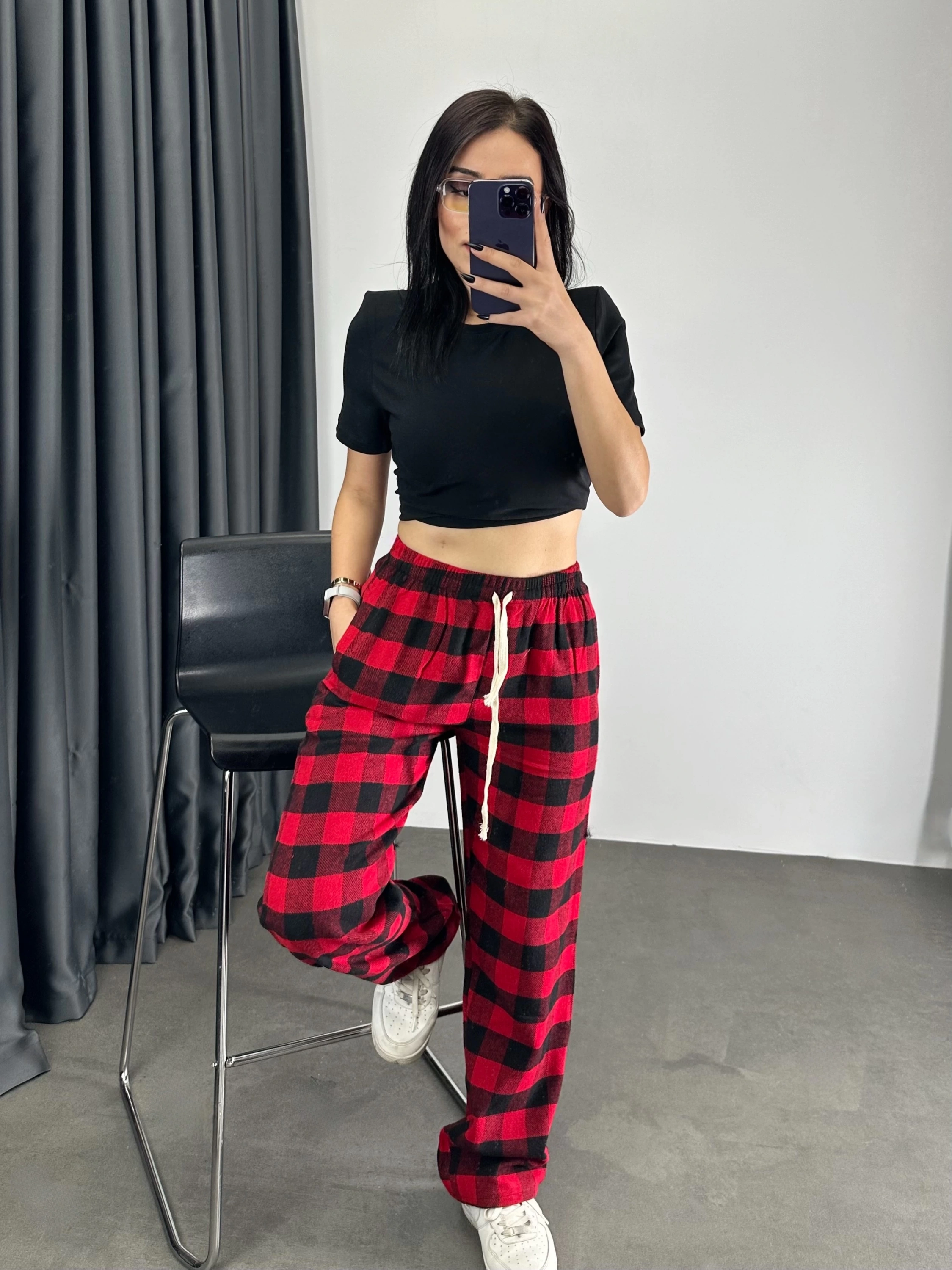 Ekose Desen Unisex Baggy Eşofman - Kırmızı