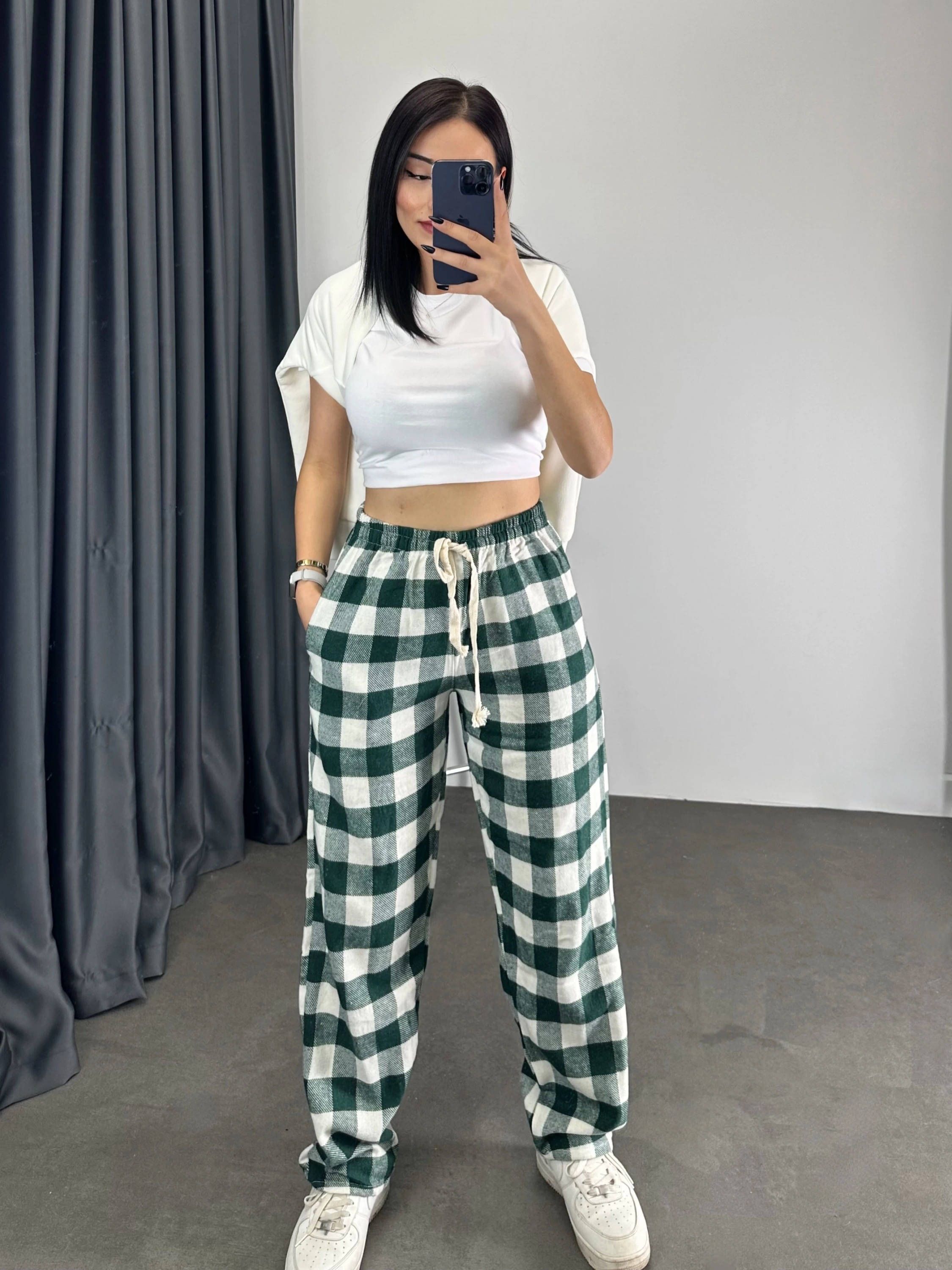 Ekose Desen Unisex Baggy Eşofman - Yeşil