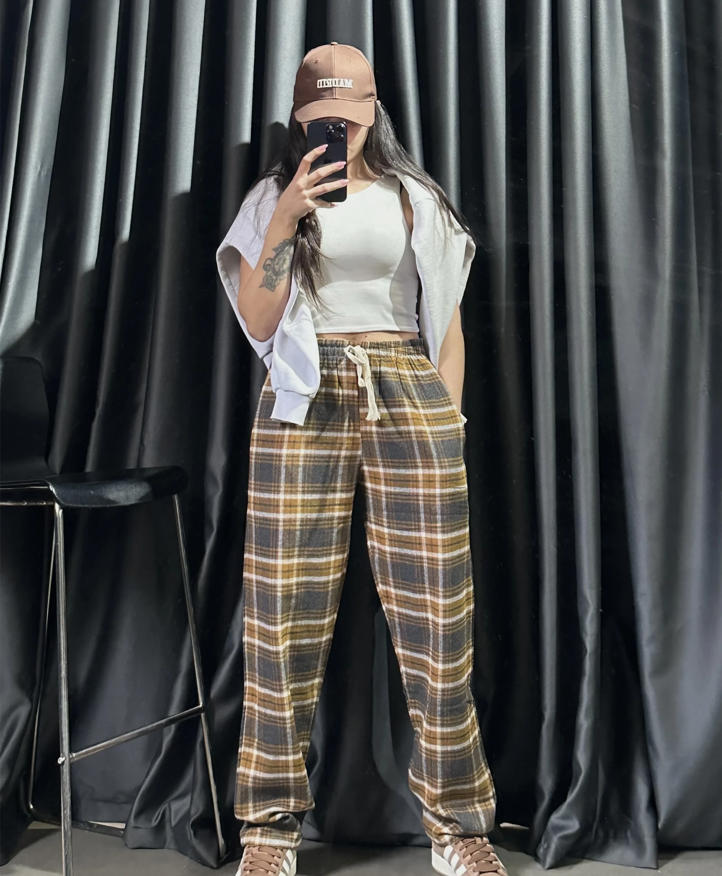 Ekose Desen Unisex Eşofman-Kahverengi