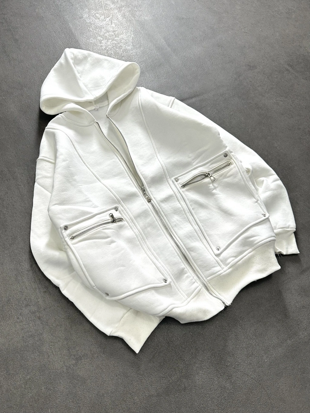 Fermuarlı Cepli Şardonlu Hırka-Beyaz