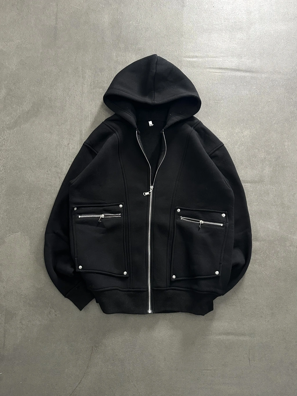 Fermuarlı Cepli Şardonlu Hırka-Siyah