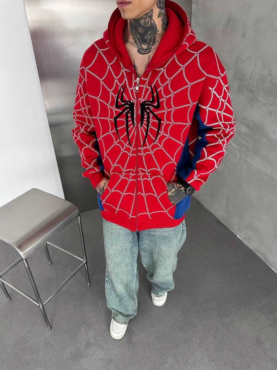 Full Fermuar Spider Unisex Hırka - Kırmızı