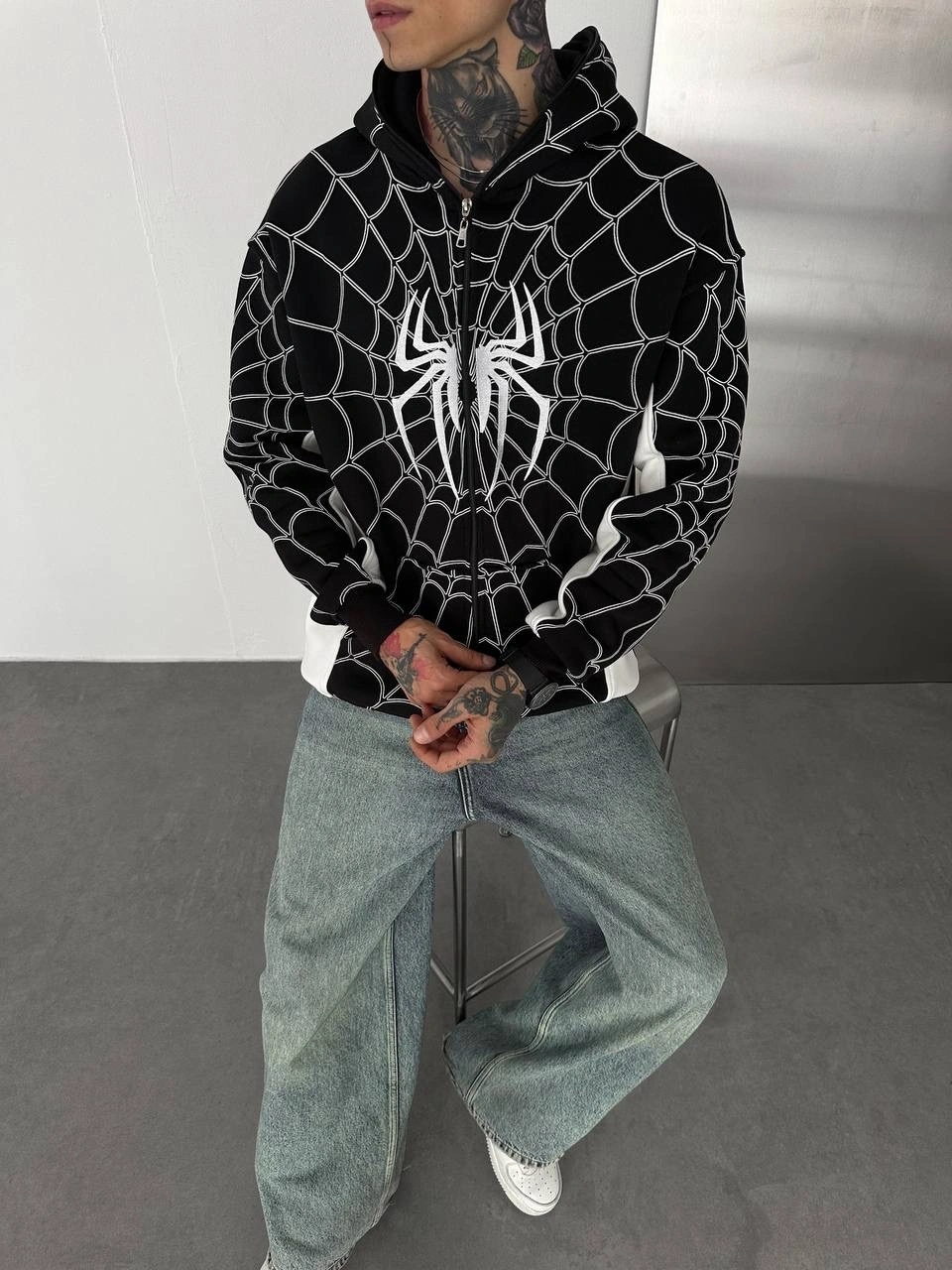 Full Fermuar Spider Unisex Hırka - Siyah
