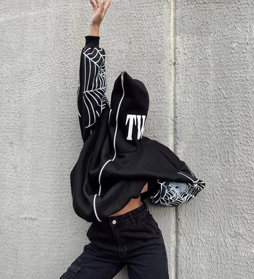 Full Zip Spider Unisex Şardonlu Hoodie-Siyah