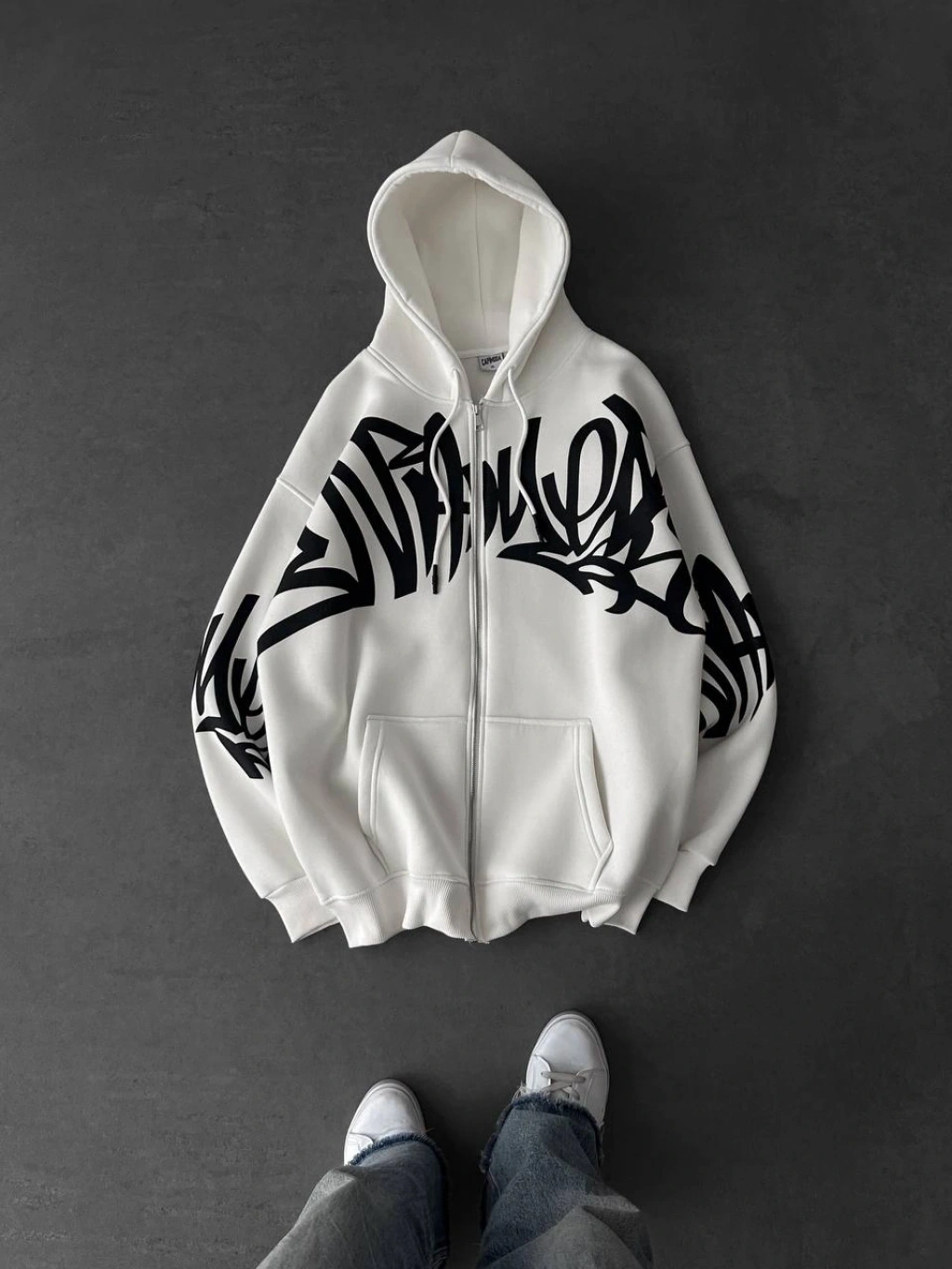 Graffiti Şardonlu Unisex Hırka - Beyaz