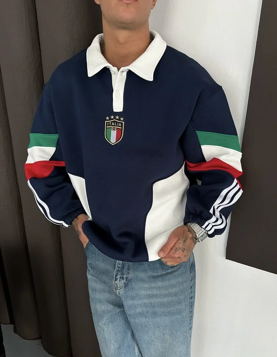 ITL Kol Parçalı Unisex Sweatshirt-Mavi