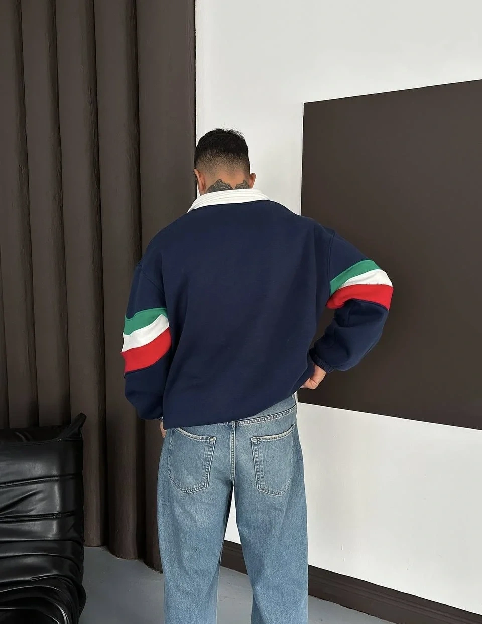 ITL Kol Parçalı Unisex Sweatshirt-Mavi