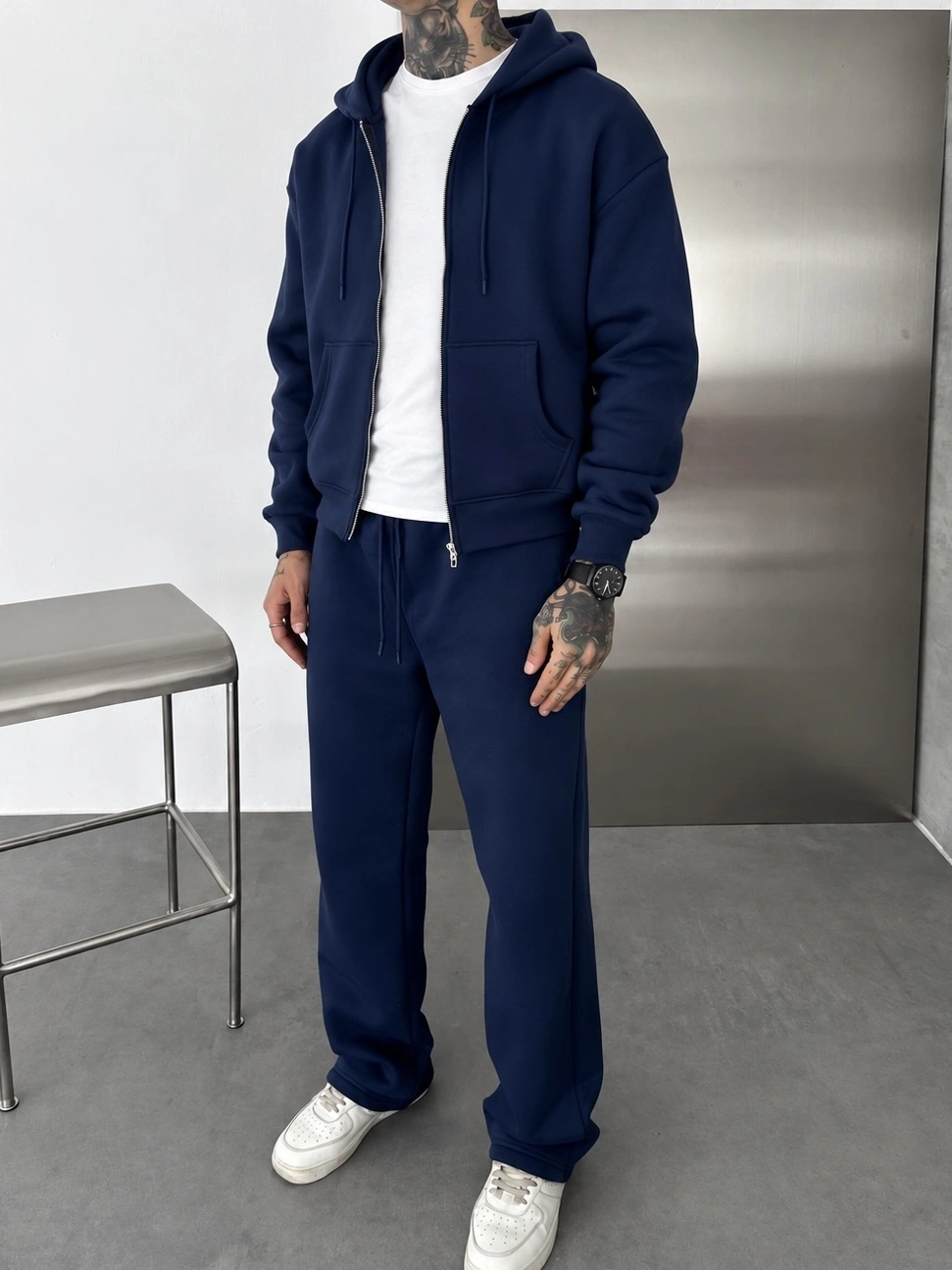 Kapüşonlu Şardonlu Unisex Eşofman Takımı-Lacivert