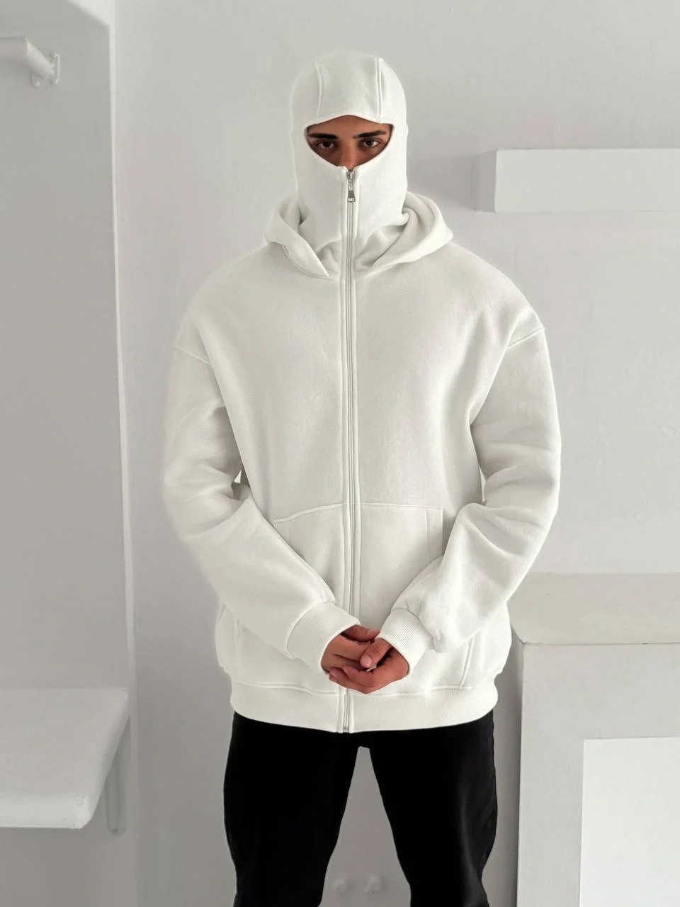 Maskeli Basic Şardonlu Unisex Hırka-Beyaz