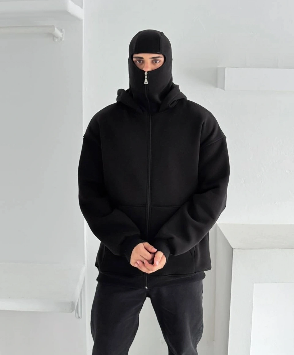 Maskeli Basic Şardonlu Unisex Hırka-Siyah