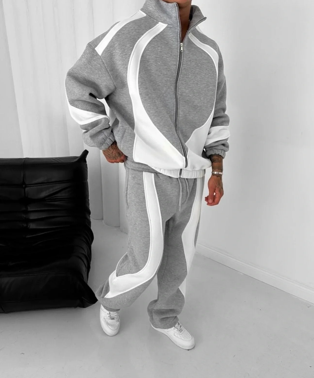 Parçalı Şardonlu Unisex Eşofman Takımı-Gri