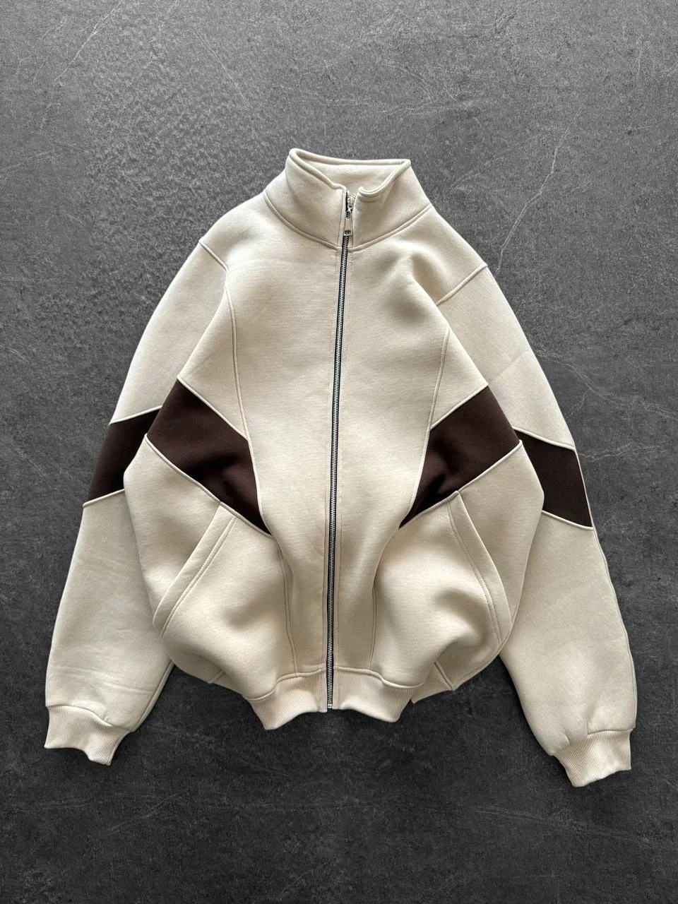 Parçalı Şardonlu Unisex Hırka-Krem