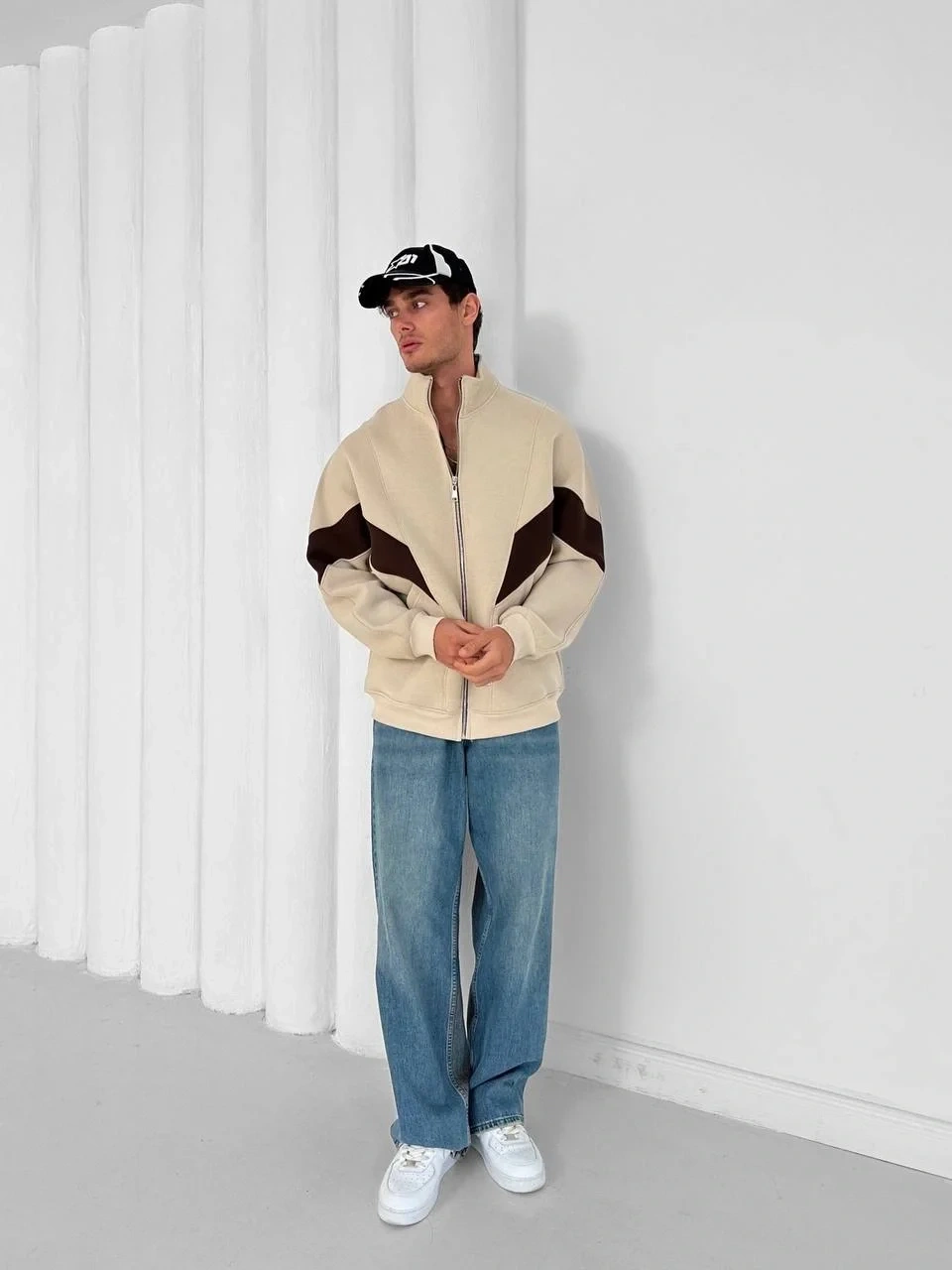 Parçalı Şardonlu Unisex Hırka-Krem