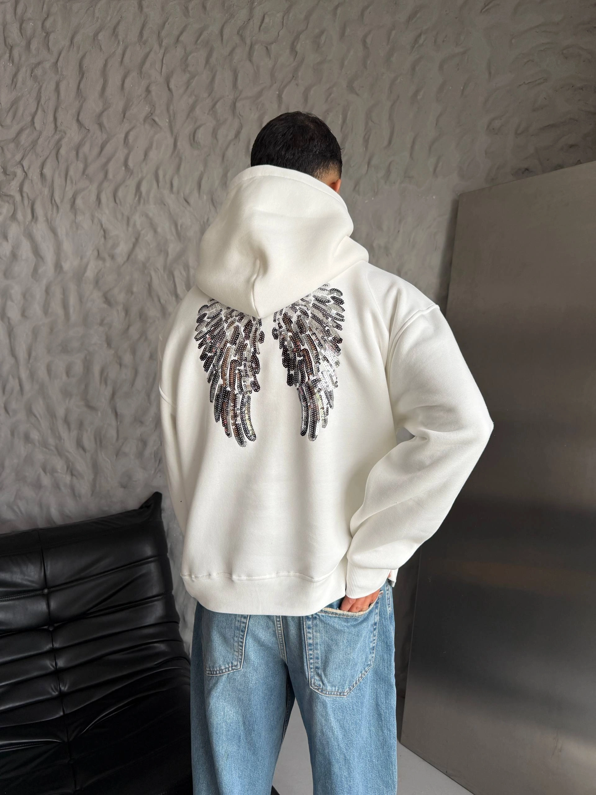 Pullu Kapüşonlu Unisex Sweatshirt-Beyaz