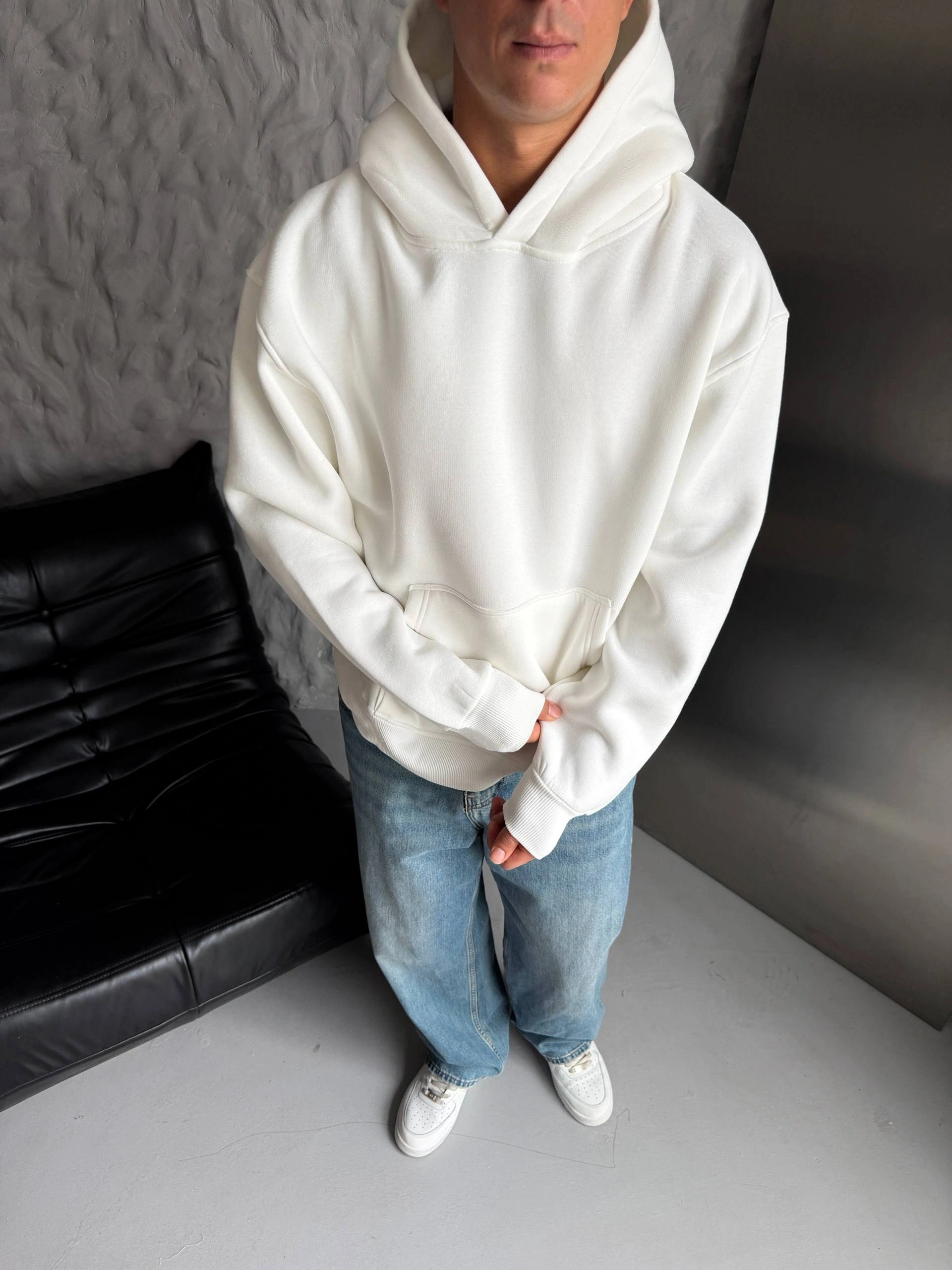 Pullu Kapüşonlu Unisex Sweatshirt-Beyaz