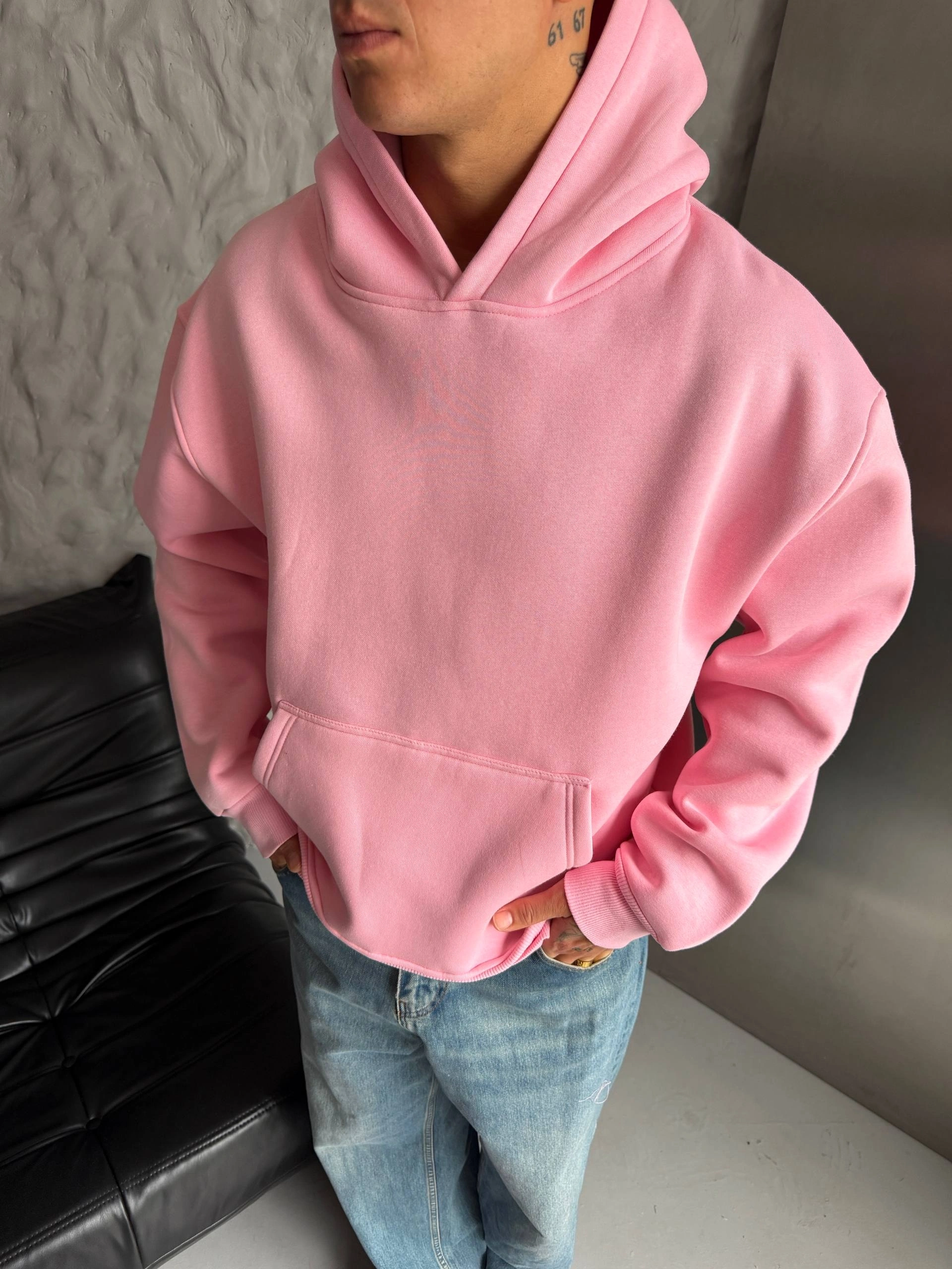Pullu Kapüşonlu Unisex Sweatshirt-Pembe
