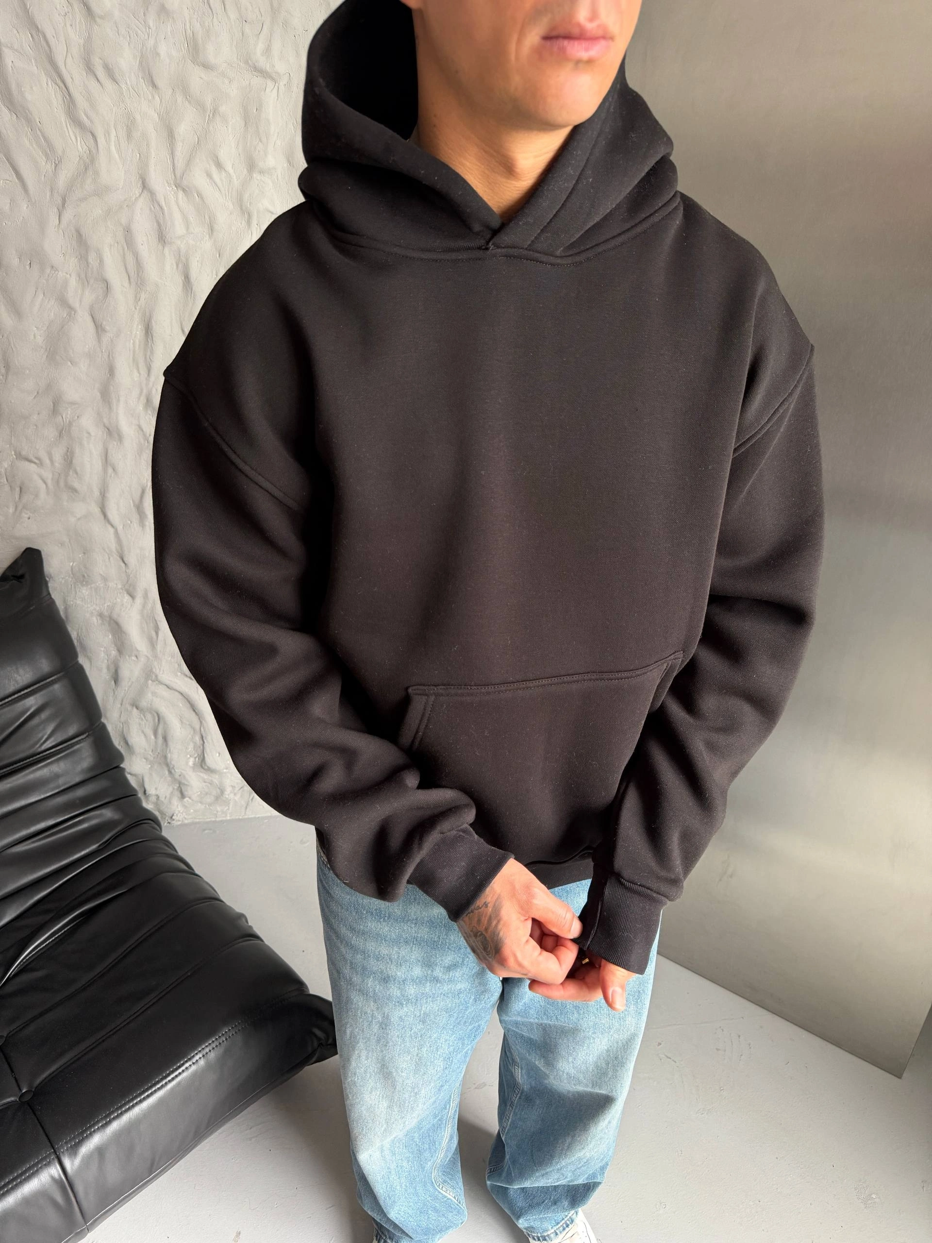Pullu Kapüşonlu Unisex Sweatshirt-Siyah