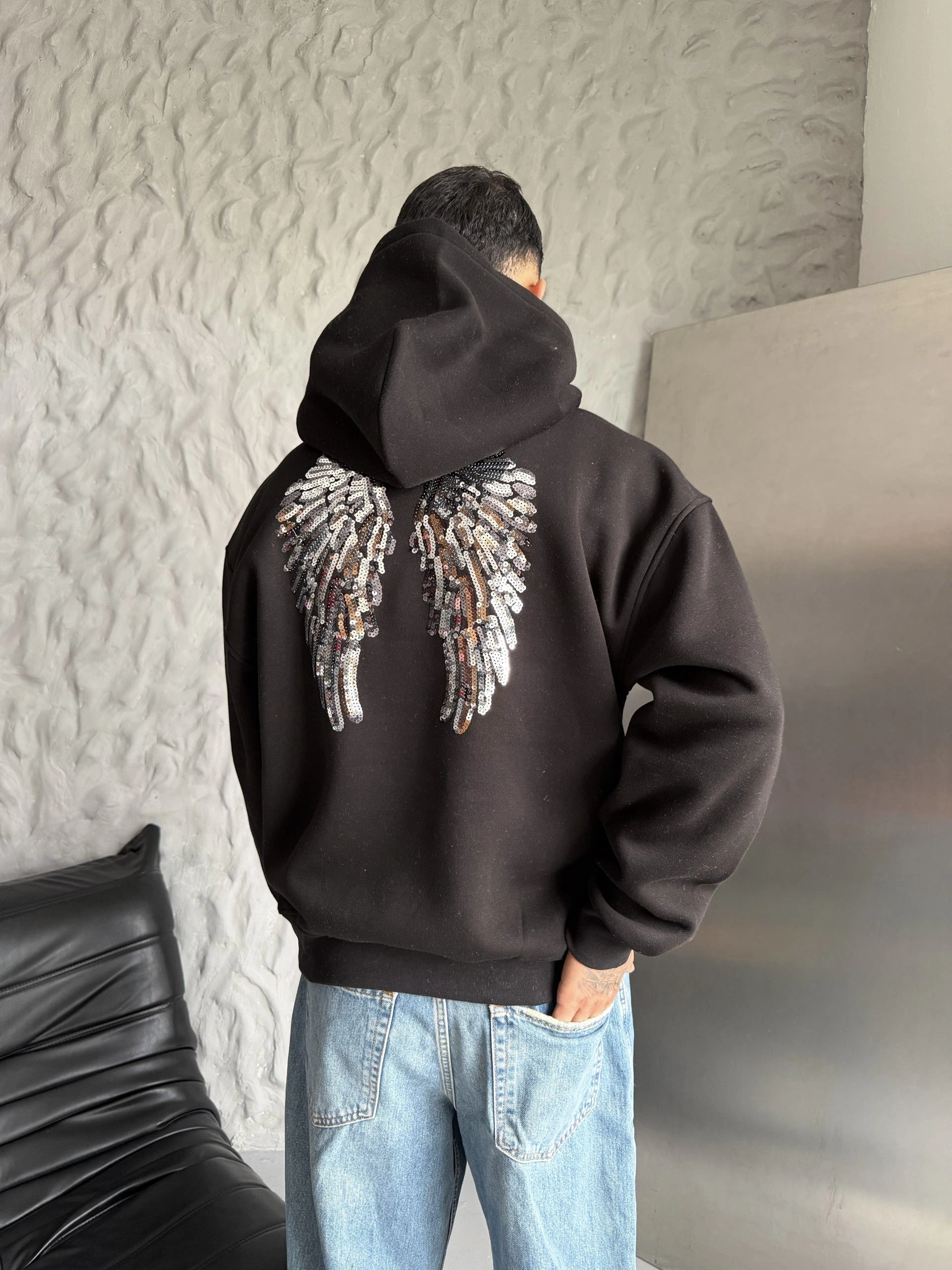 Pullu Kapüşonlu Unisex Sweatshirt-Siyah