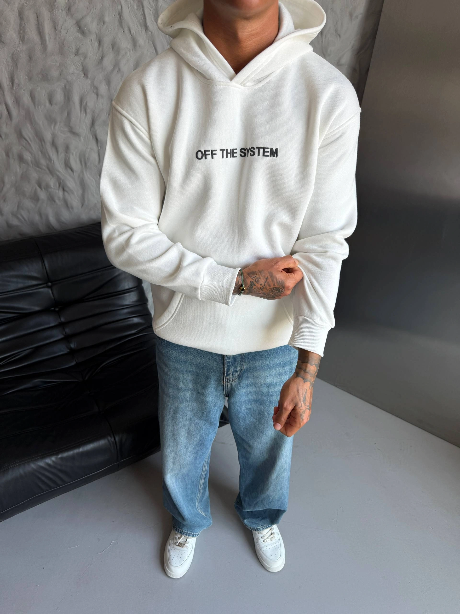 Sırt Kaplan Baskılı Unisex Sweatshirt-Beyaz
