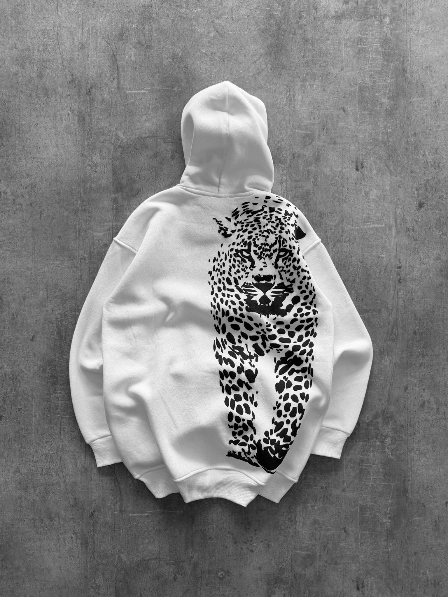 Sırt Kaplan Baskılı Unisex Sweatshirt-Beyaz