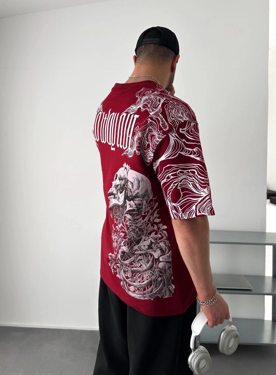 Skull Unisex Oversize Tshirt-Bordo
