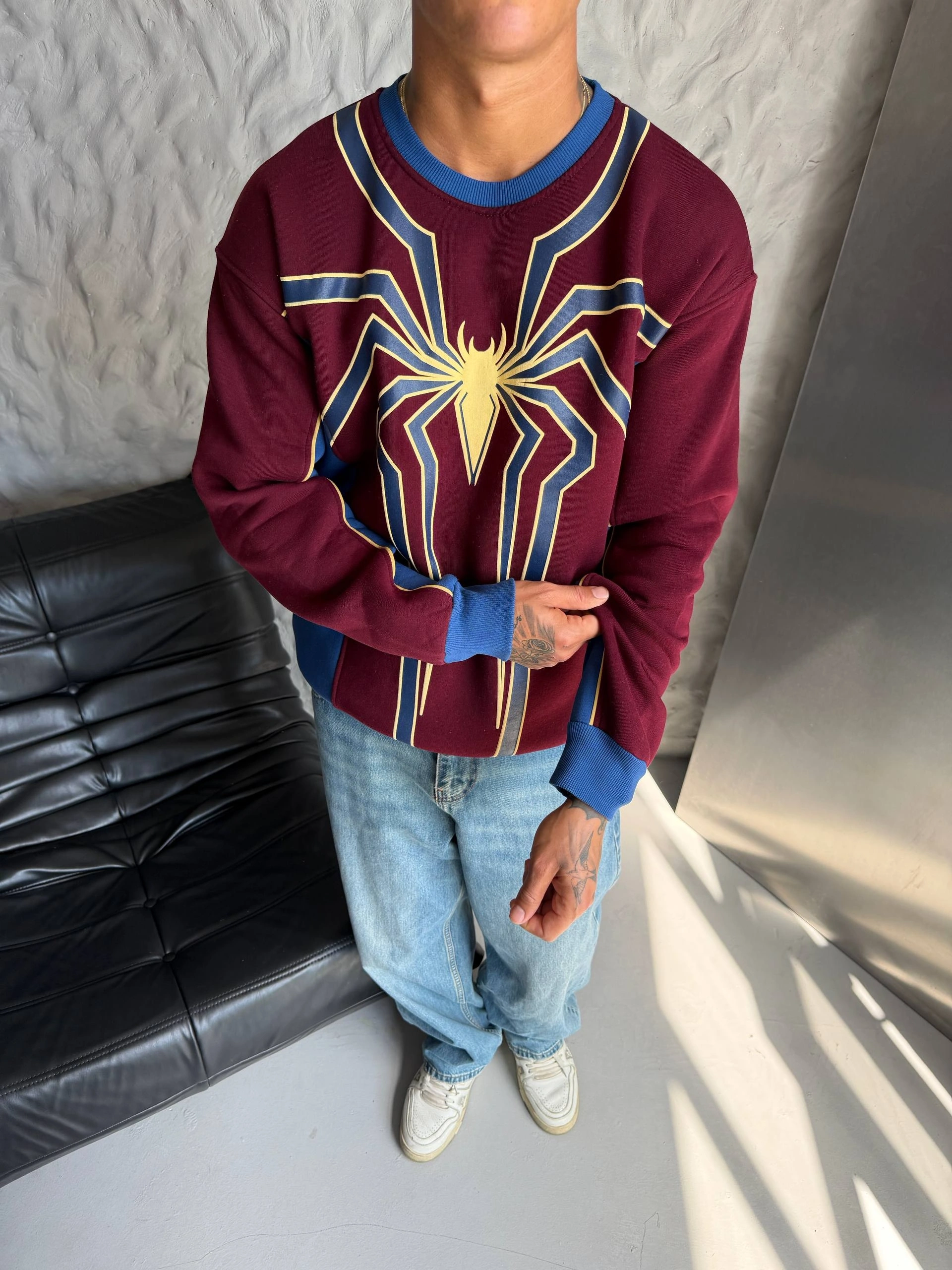 Spider Ön Baskı Unisex Sweatshirt - Bordo