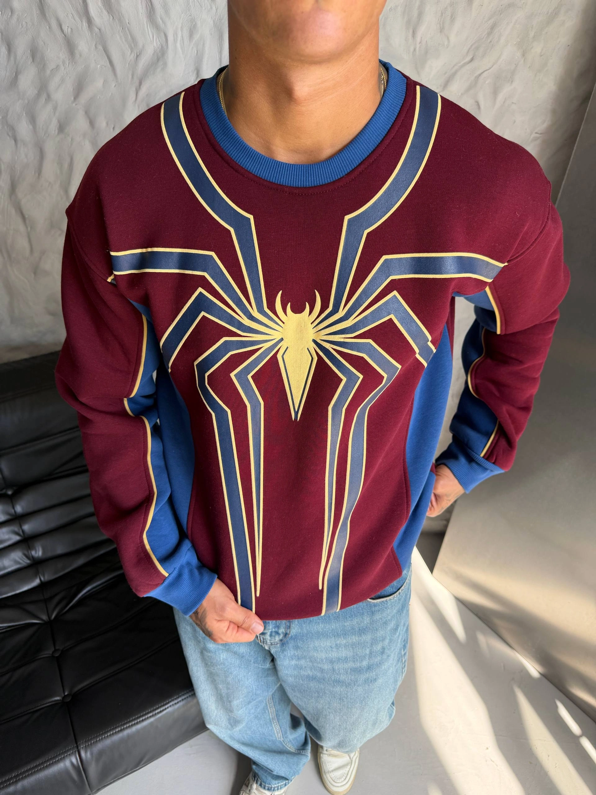Spider Ön Baskı Unisex Sweatshirt - Bordo