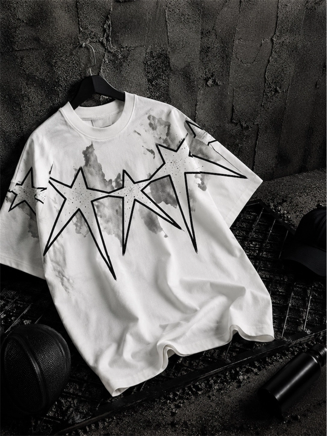 Star Taşlı Unisex Oversize Tshirt-Beyaz