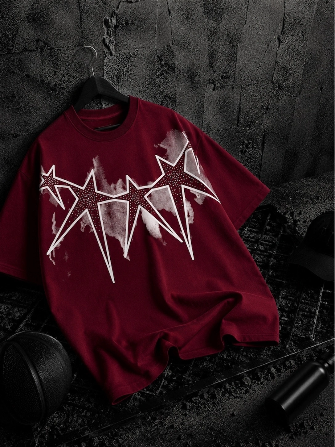 Star Taşlı Unisex Oversize Tshirt-Bordo