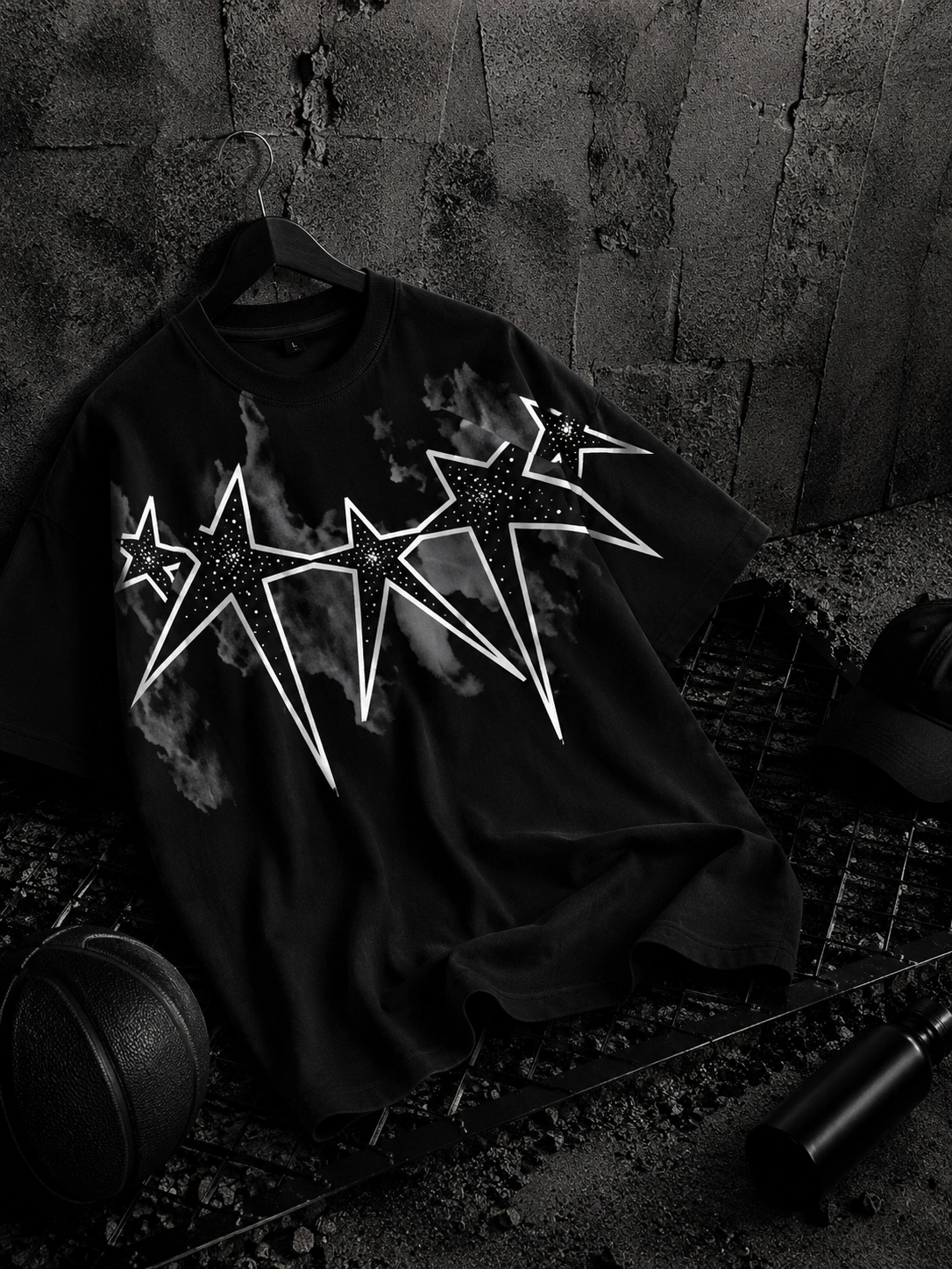 Star Taşlı Unisex Oversize Tshirt-Siyah