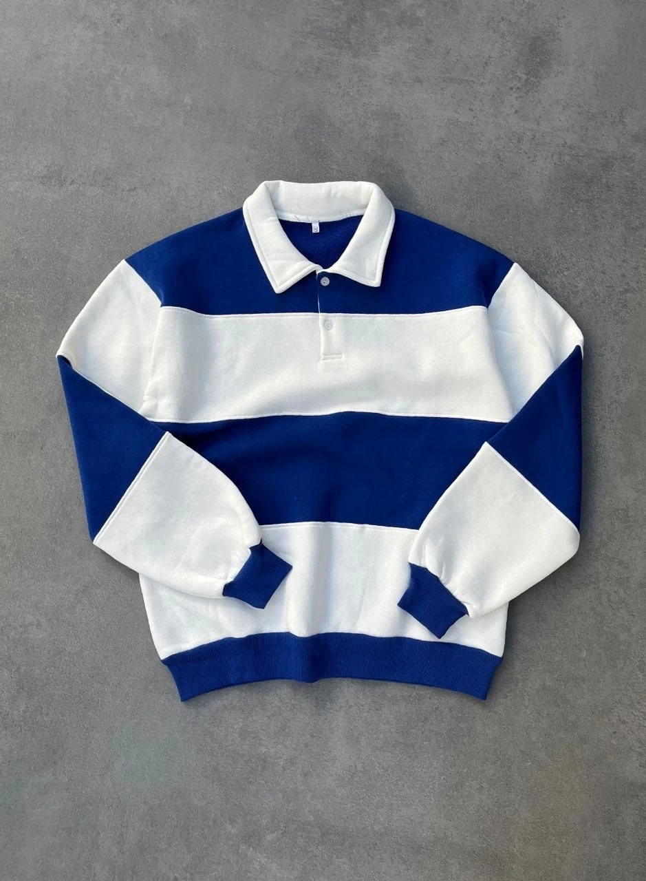 V Polo Yaka Şardonlu Unisex Sweatshirt-Mavi