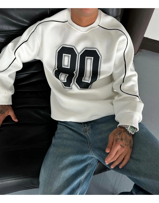 80 Şardonlu Unisex Sweatshirt-Beyaz