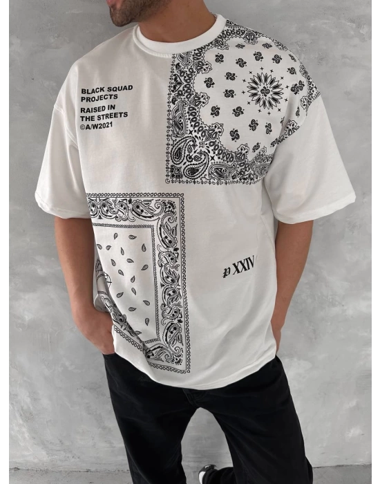 Bandana Ön Baskı Oversize Unisex Tshirt - Beyaz