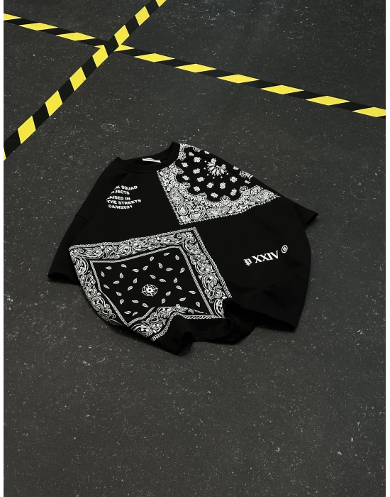 Bandana Ön Baskı Oversize Unisex Tshirt - Siyah