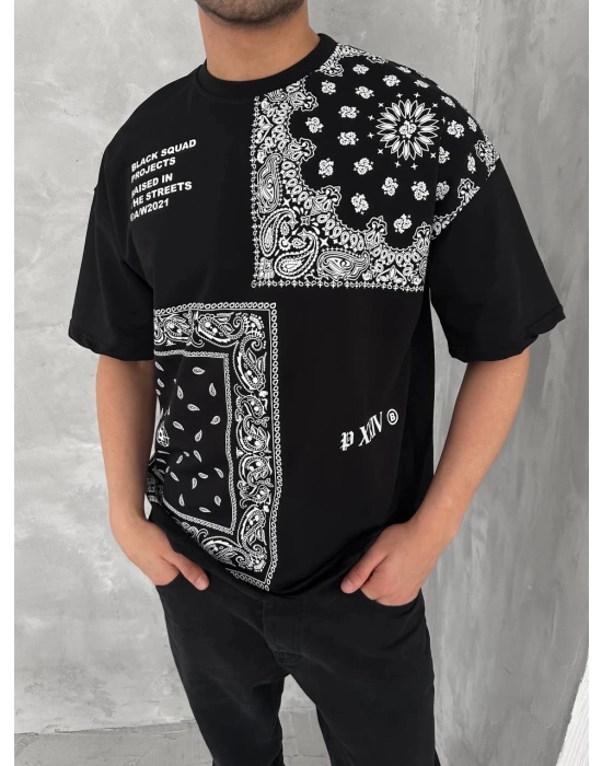 Bandana Ön Baskı Oversize Unisex Tshirt - Siyah