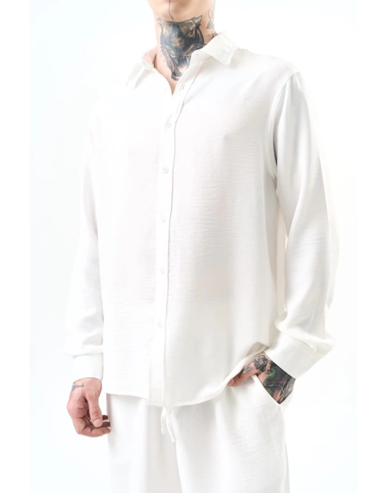 Basic Oversize Keten Gömlek - Beyaz