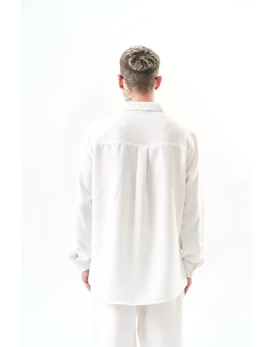 Basic Oversize Keten Gömlek - Beyaz
