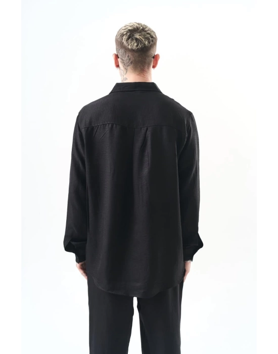 Basic Oversize Keten Gömlek - Siyah