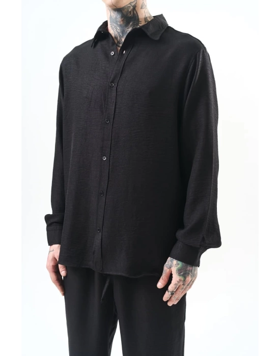 Basic Oversize Keten Gömlek - Siyah