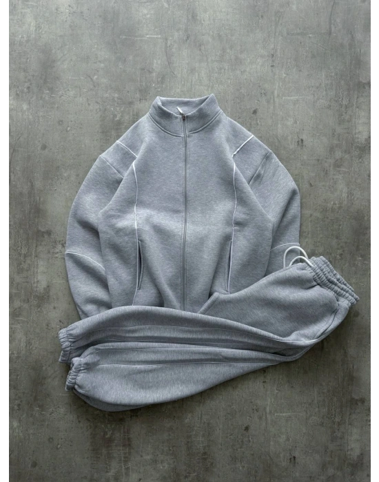 Biyeli Paça Lastik Şardonlu Eşofman Takımı-Gri